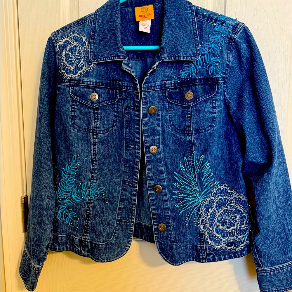 Ruby Rd Blue Jean Jacket with Floral Embellishments